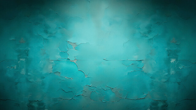 Vibrant Teal Cracked Paint Texture Background with Subtle Vignette Gradient Effect, Distressed Grunge Wall Surface Design for Minimalist Wallpaper and Artistic Digital Composition Backdrop