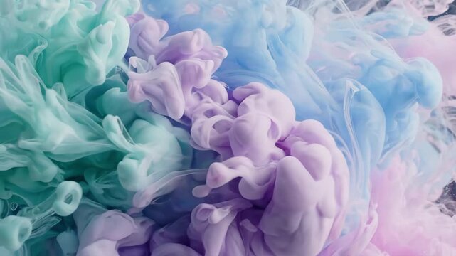 Abstract Swirls of Color: Mesmerizing plumes of emerald green, soft lavender, and sky blue ink blend and swirl, creating an ethereal and dynamic abstract pattern.