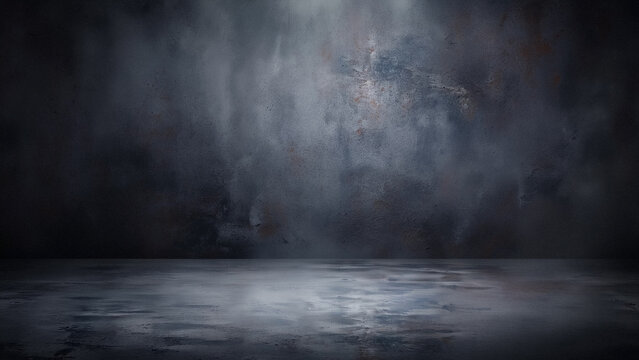 Dark moody concrete wall and floor studio background, abstract grunge texture with soft gradient lighting, perfect for product display or atmospheric photography wallpaper design.