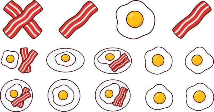 Playful breakfast bacon and egg vector illustration collection featuring strips, fried eggs, plates, combinations and cheerful decorative design elements