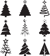 Obraz premium Minimalist Christmas tree icons set, black silhouette pine tree vector collection, 9 modern holiday fir tree symbols for winter greeting cards