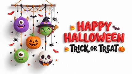 Naklejka premium Happy Halloween greeting with hanging monster donuts. Festive trick or treat party banner.