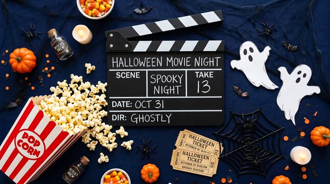 Halloween movie night clapperboard. Cinema film slate with popcorn and spooky decorations.