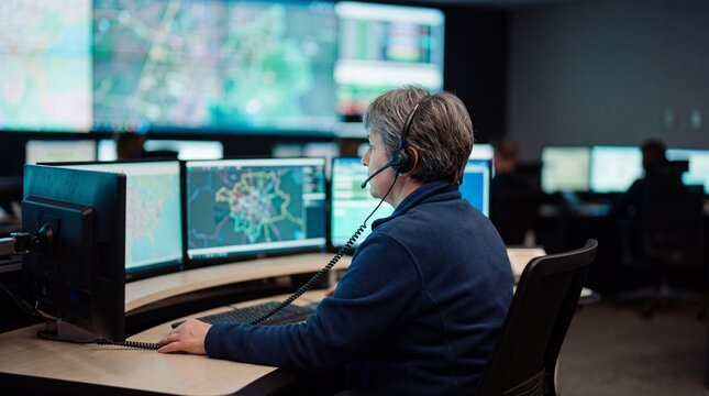 Reife Frau mit Headset arbeitet als Disponentin in einer dunklen Leitstelle vor mehreren Monitoren