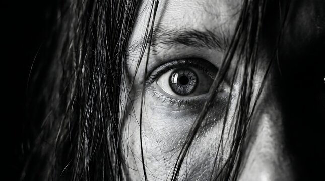 Close up of a woman with wet hair. Intense female eye looking with fear and shock.