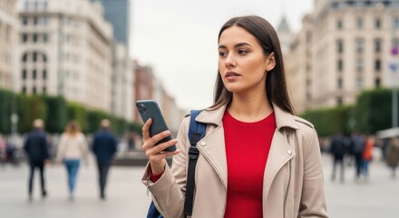 Fototapeta premium Young woman using smartphone in city. Female traveler checking mobile phone on street.