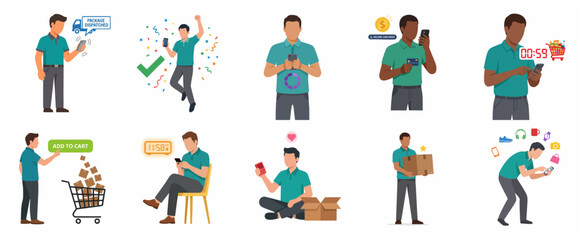Fototapeta premium E-commerce and Mobile Shopping Vector Illustration Set Featuring Men Using Smartphones for Online Purchases, Secure Payment, and Delivery Tracking.