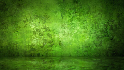 Fototapeta premium Vibrant Green Grunge Texture Background with Dark Vignette and Reflective Floor Surface for Modern Wallpaper Design and Professional Creative Projects