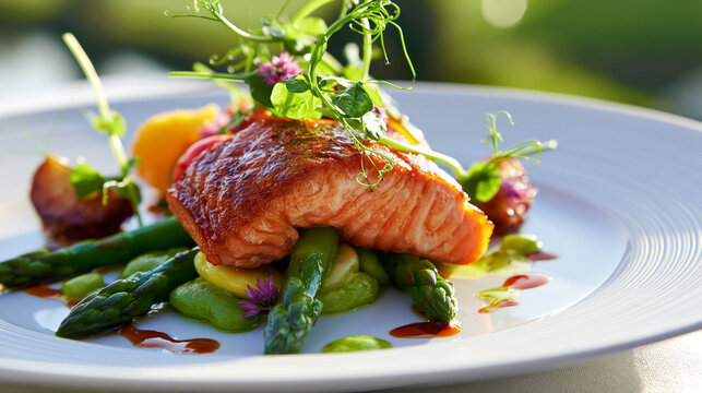 Seared salmon fillet rests on fresh asparagus, vibrant fava beans, and elegant pea shoots, delivering a healthy gourmet meal
