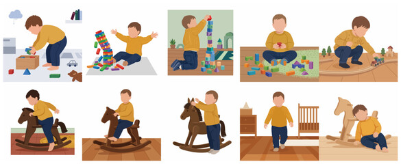 Fototapeta premium Set of flat illustrations featuring a young toddler boy playing with wooden blocks, a toy train, and a rocking horse in various nursery settings, showcasing early childhood development and play.
