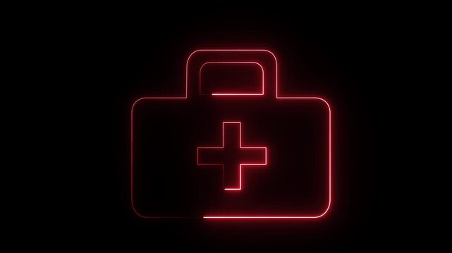 A digital motion graphic depicting a neon red first aid kit icon on a black background.