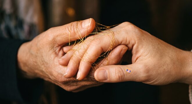 Golden threads weave delicately between two interlocking hands, turning the quiet feeling of trust into a visible, fragile connection.