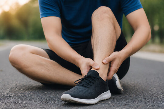 A man is sitting on asphalt, holding and massaging his knee joint while wearing athletic shorts and a t-shirt.