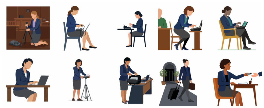 Professional court reporter and stenographer illustration set, featuring women working with stenotype machines in legal settings.