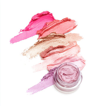 Pastel makeup swatches showing beauty product texture and shimmer on white for cosmetics marketing