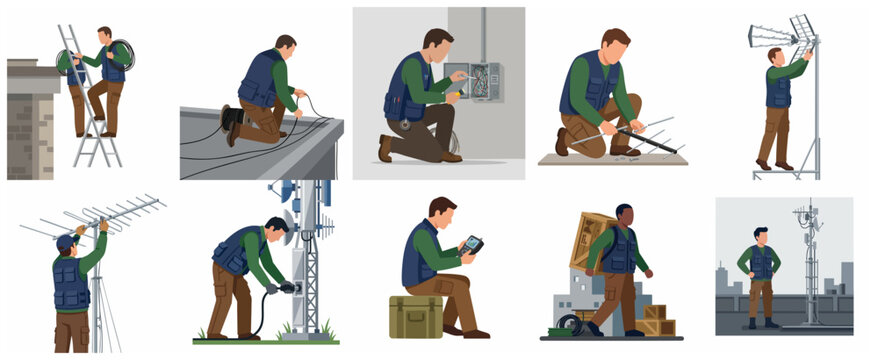 Professional technicians and engineers installing and repairing telecommunication antennas, satellite dishes, and network equipment in a collection of industrial flat vector illustrations.