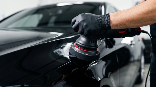Professional car detailing: Worker polishing a pristine black vehicle using an orbital buffer for paint correction and a mirror-like finish