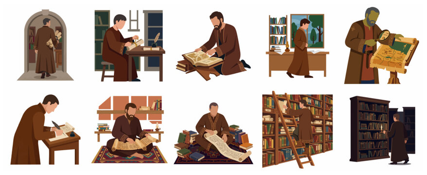 Historical Scholar and Scribe Illustration Set featuring Medieval Manuscripts, Ancient Scrolls, and Library Scenes
