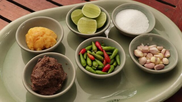 Ingredients set for making Nam Phrik Kapi in Bangkok , Thailand.
