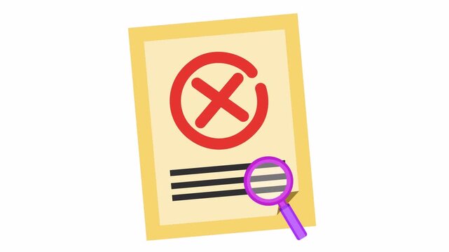 Rejected document cartoon animation with red cross mark and magnifying glass icon isolated on an alpha channel for error document inspection symbol and failed data confirmation element concept.