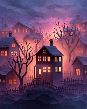Cozy neighborhood houses at twilight with glowing windows and bare trees in painterly illustration