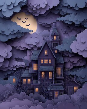 Haunted house with glowing windows under full moon in paper craft style night sky illustration
