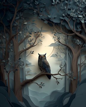 paper craft owl perched on tree branch in dark forest at night with glowing full moon background