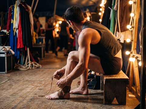 Junger m&auml;nnlicher Akrobat schn&uuml;rt backstage im Zirkuszelt auf einer Holzbank sitzend den Kn&ouml;chelriemen vor dem Auftritt