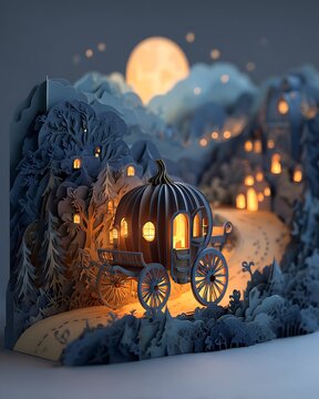 Paper craft pumpkin carriage in magical forest landscape under full moon at night for fairy tale concept