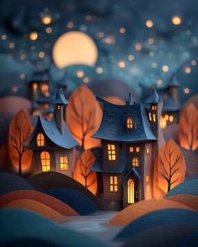 Whimsical paper craft village with glowing windows at night under full moon and autumn trees
