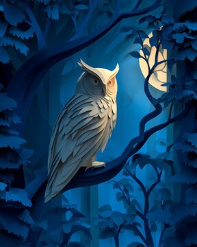 Paper craft owl perched on tree branch in dark blue forest under glowing full moon at night
