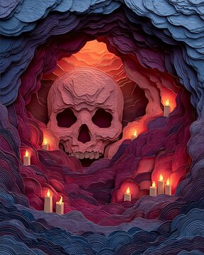 Layered paper craft skull inside dark cave illuminated by glowing candles for Halloween decor