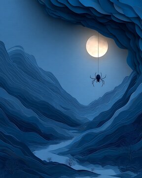 spider hanging from thread under full moon in layered paper craft mountain landscape at night