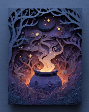 Layered paper craft of magical cauldron with glowing smoke in dark enchanted forest at night
