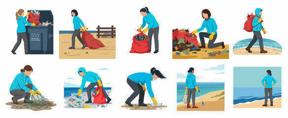 Fototapeta premium Vector illustrations of volunteers cleaning the beach and ocean from plastic pollution and littering