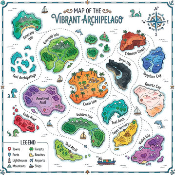 Colorful archipelago map illustration with islands compass and nautical elements during bright daylight