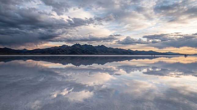 Mirror lake with mountain reflection landscape