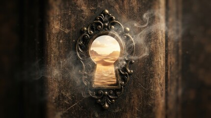 Obraz premium Desert landscape seen through an ornate antique keyhole