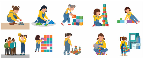 Fototapeta premium Flat vector set of a little girl playing with colorful building blocks, stacking cubes, and developing motor skills in various poses for early childhood education and creativity.