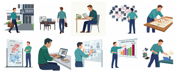 Professional Male Crime Analyst and Detective Conducting Investigation, Data Analysis, and Forensic Research in Law Enforcement Office Flat Vector Illustration Set