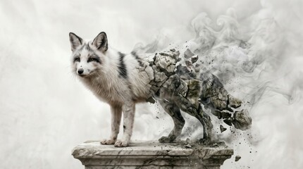 Obraz premium Fox statue disintegrating into smoke and stone