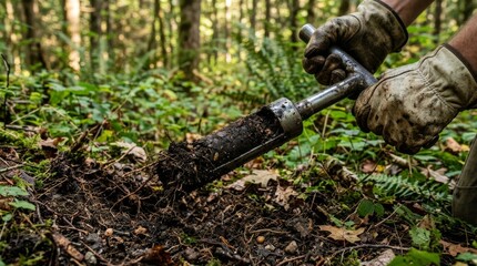 Obraz premium Soil scientist taking a core sample in the forest.