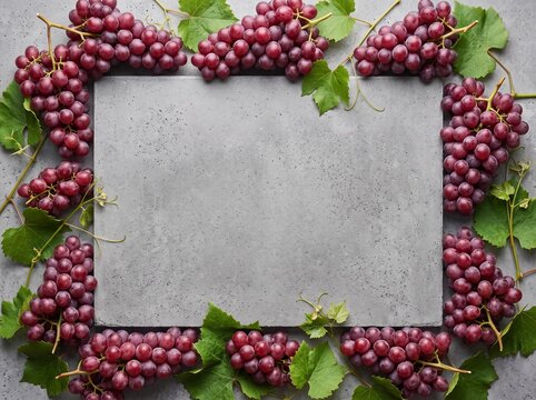 Birds eye view flat lay of fresh harvested red grape clusters surrounding central concrete copy space for design.
