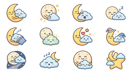 Obraz premium Kawaii moon and cloud characters sleeping and cuddling set.
