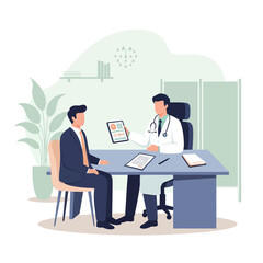 Fototapeta premium Doctor Patient Consultation In Medical Office Holding Digital Tablet Explanation