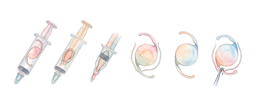 Intraocular lens cataract surgery injector watercolor illustration set depicting artificial implants and ophthalmic medical equipment for vision correction isolated on white background.