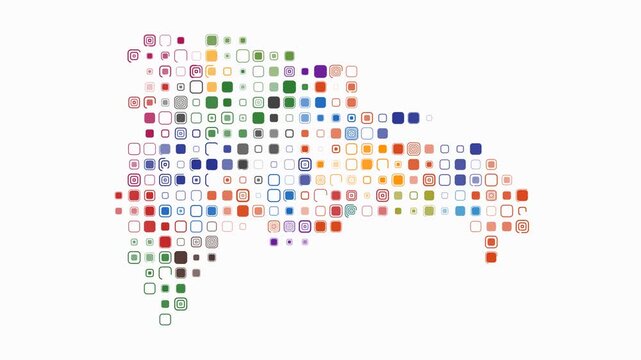 Dominican Republic map animation. Shape of the country with pulsating colored dots. Large size rounded square blocks. Digital style Dominican Republic map on white background. Amazing video.
