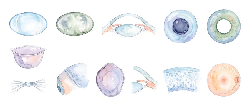 Human eye anatomy watercolor illustration set featuring isolated diagram parts of cornea pupil iris lens retina and cross sections for medical optometry education on a black background poster