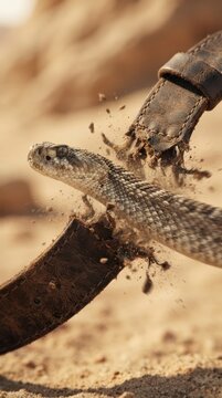 Rattlesnake striking a leather belt in the desert