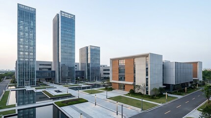 Obraz premium Modern business park featuring sleek glass office buildings, innovative architecture, and tranquil reflective pools, embodying corporate growth and urban development